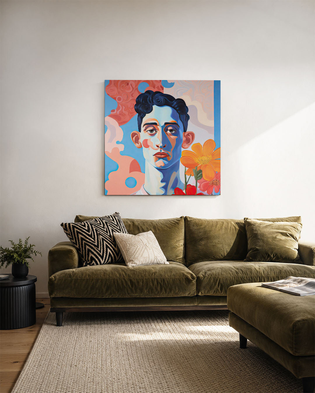 Portret kunstwerk – derde productweergave – dit werk toont een portret met vloeiende lijnen en levendige kleuren. De
