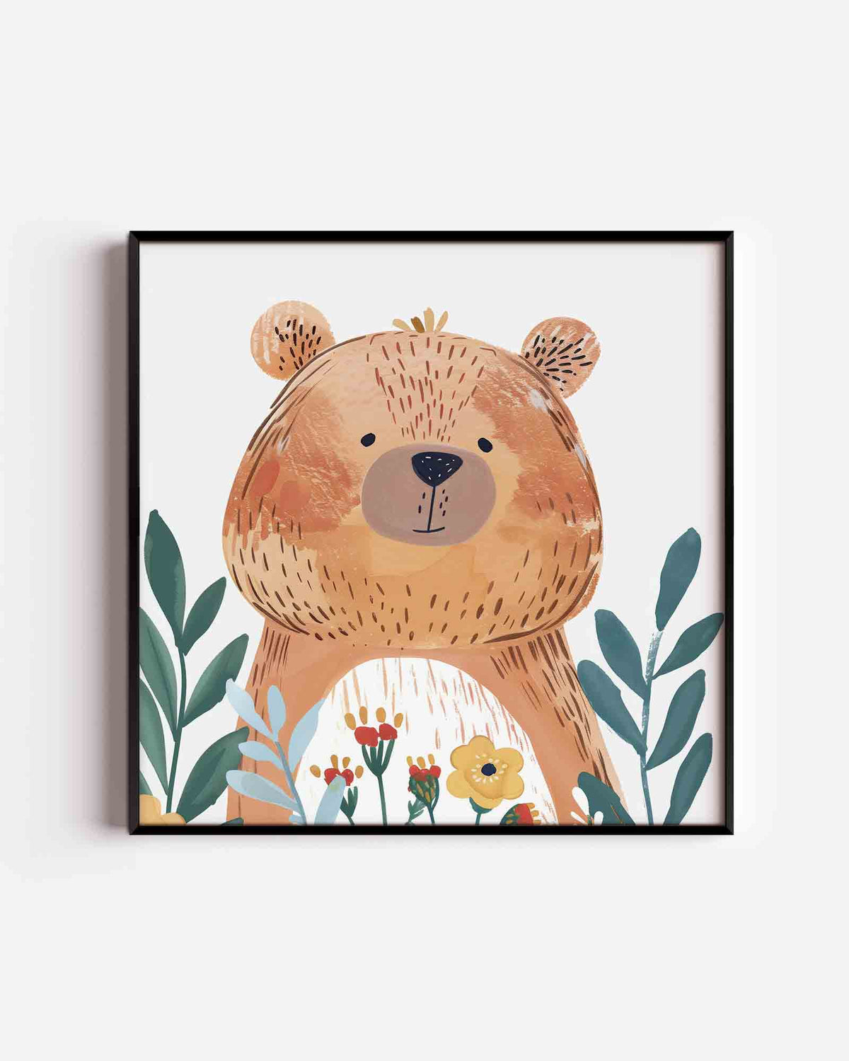 Beer met bloemen – vierkante kinderposter als wanddecoratie