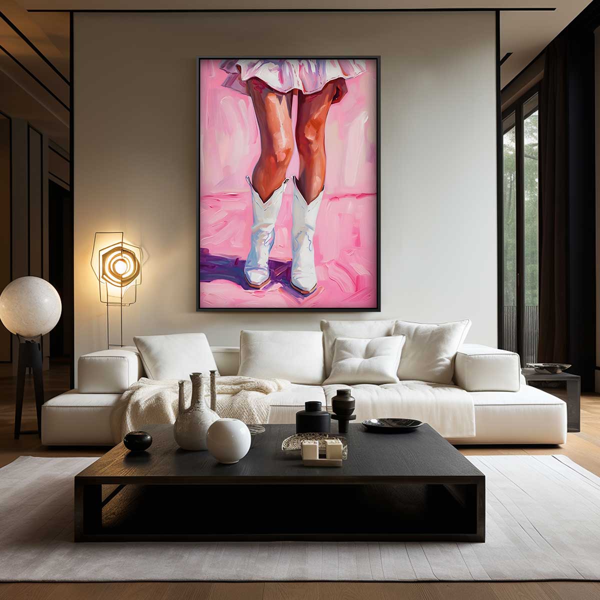Dansende Laarzen op Roze – canvas wanddecoratie in portret formaat