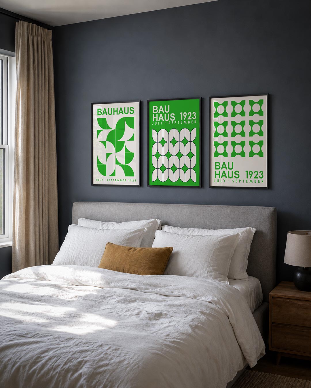 Vorm en kleur posterset – detailweergave – deze posterset in drie delen toont een levendig spel van groene en witte vlakken.