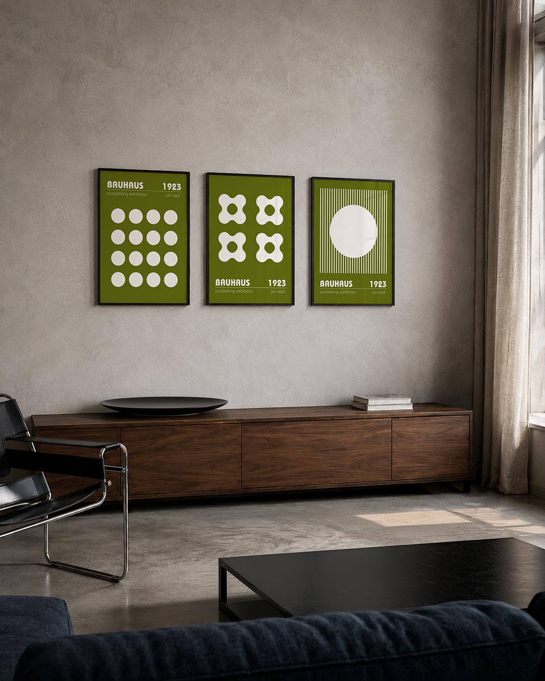 Cirkelritme posterset – tweede productweergave – deze poster toont een raster van witte cirkels op een olijfgroene