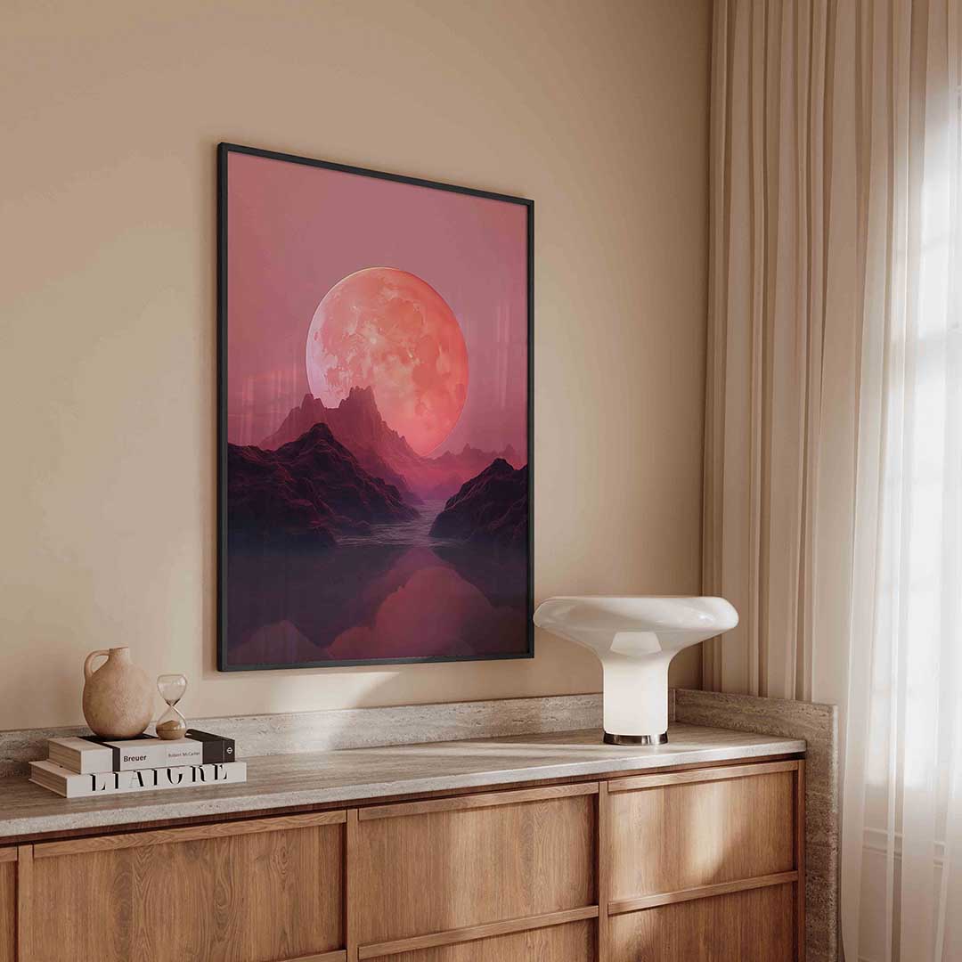 Roze maanlandschap – surreal poster in staand formaat