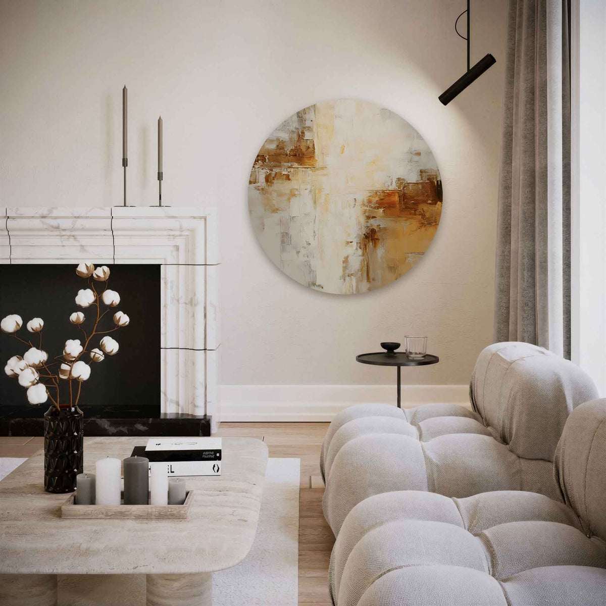Abstracte beige – abstracte muurcirkel als ronde wanddecoratie