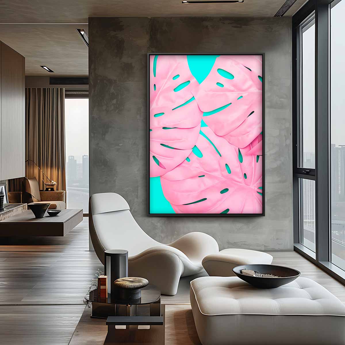 Tropische Roze Bladeren – staande wandkunst voor woonkamer of interieur