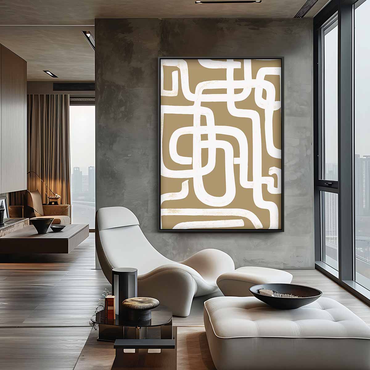 Abstract Labyrint Bruin – canvas wanddecoratie in portret formaat