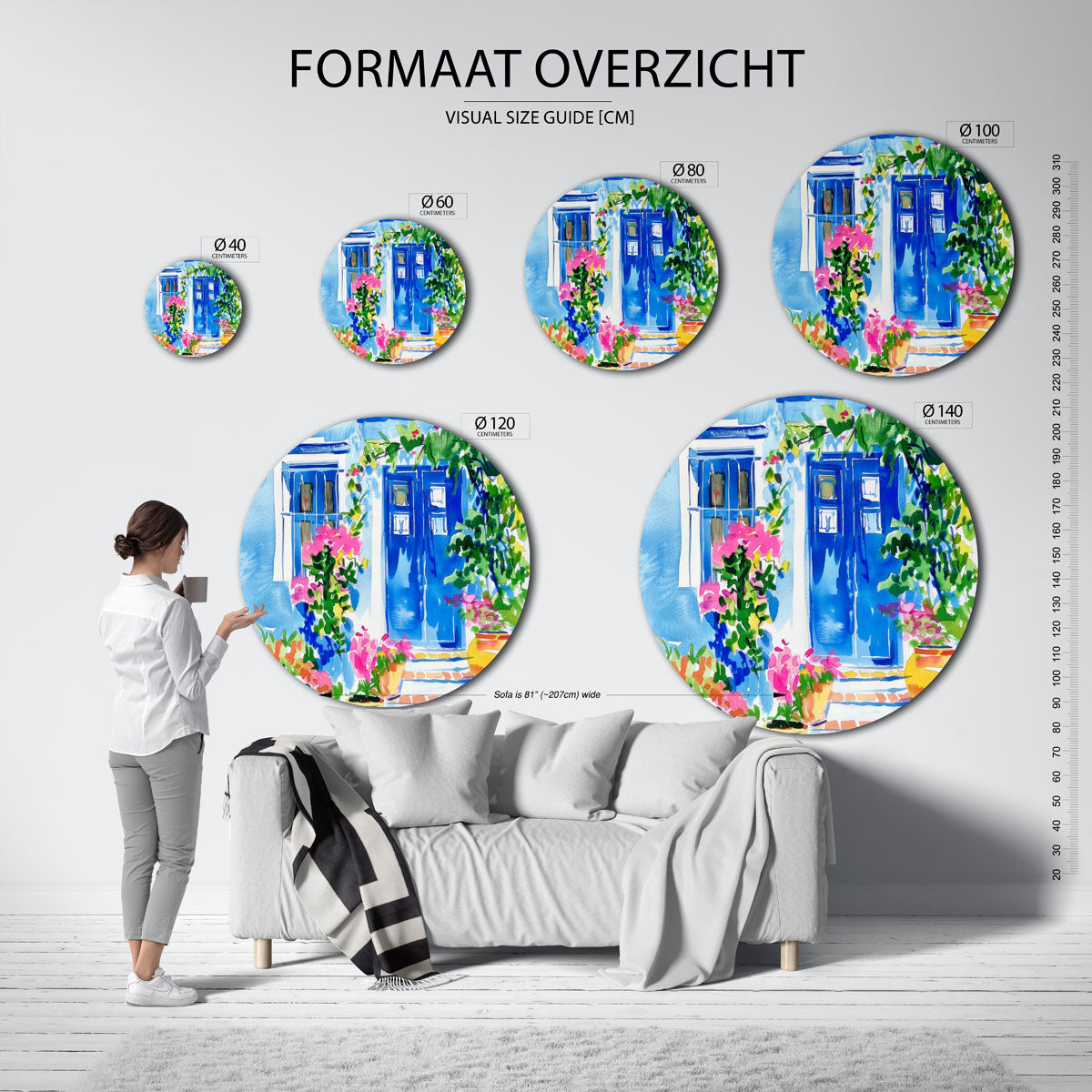 Blauwe deur met bloemen – abstracte wandkunst met textuur als muurcirkel