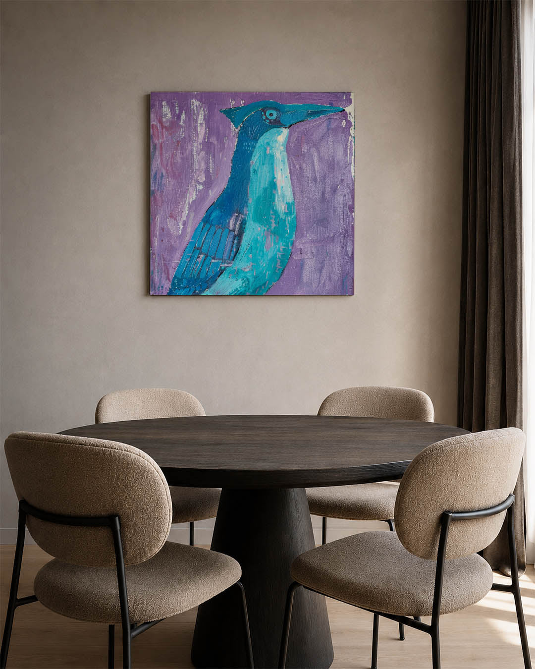 Vogelsilhouet in kleur kunstwerk – tweede productweergave – dit werk toont een vogel in levendige tinten tegen een paarse