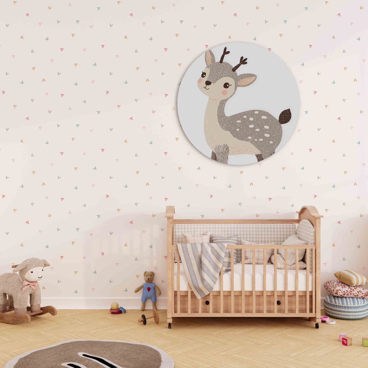 Hert met stippen Muurcirkel – derde productweergave – Een schattig hert met stippen in zachte beige en bruine tinten.