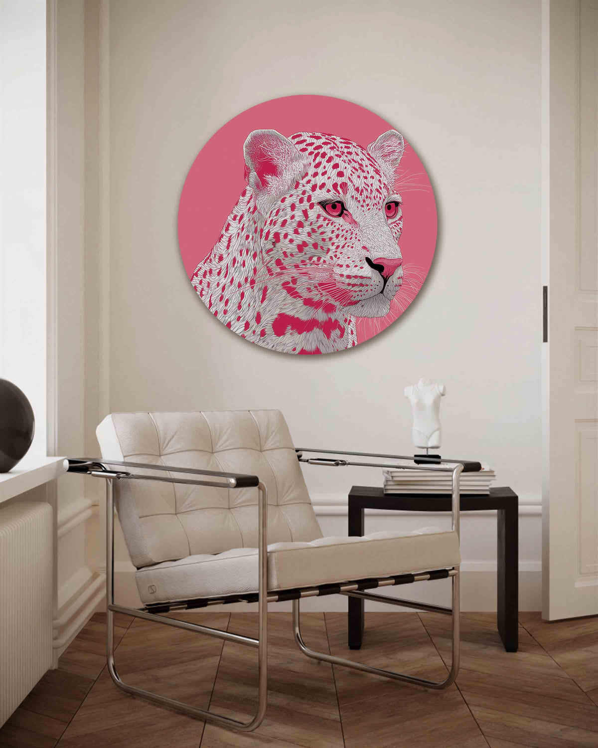 Roze luipaard – Pop Art muurcirkel als ronde wanddecoratie