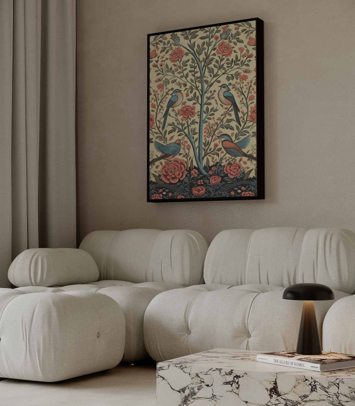 Bloemen en Vogels Paradijs – kunstwerk met zwarte baklijst