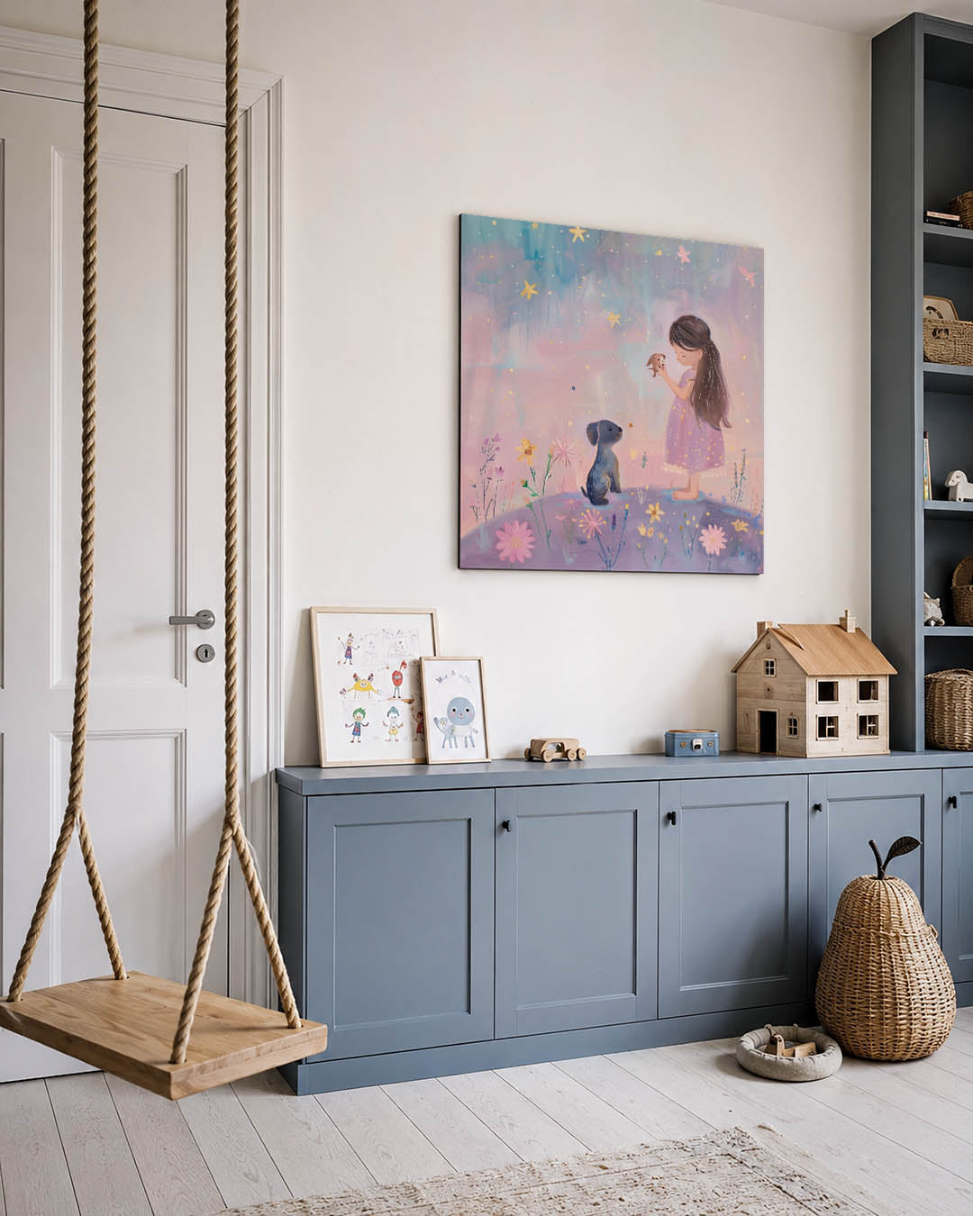 Dromerig kindertafereel kunstwerk – vierkante wanddecoratie – dit werk toont een tafereel met een kind en dieren omringd door