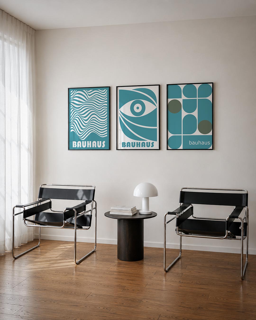 Golvend lijnenspel posterset – derde productweergave – deze posterset toont vloeiende witte lijnen op een blauwe achtergrond