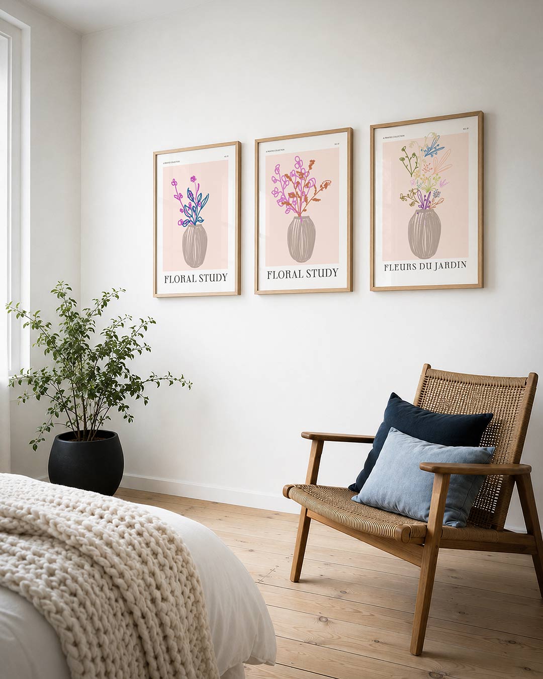 Bloem en vaas posterset – derde productweergave – een vaas met speelse bloemen in roze en blauw