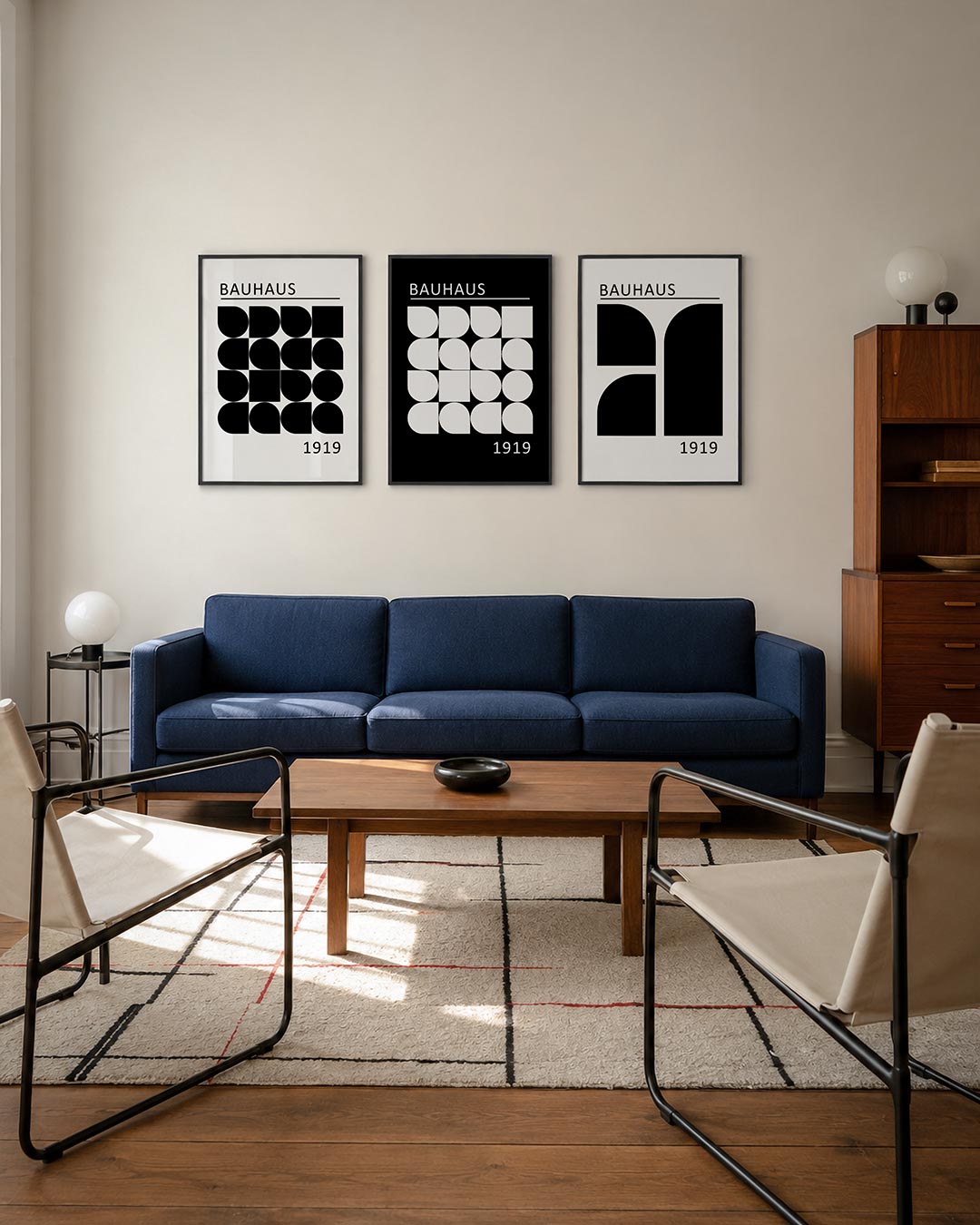 Vorm en ritme driedelige posterset – deze posterset in drie delen toont een speelse ordening van zwarte geometrische vormen