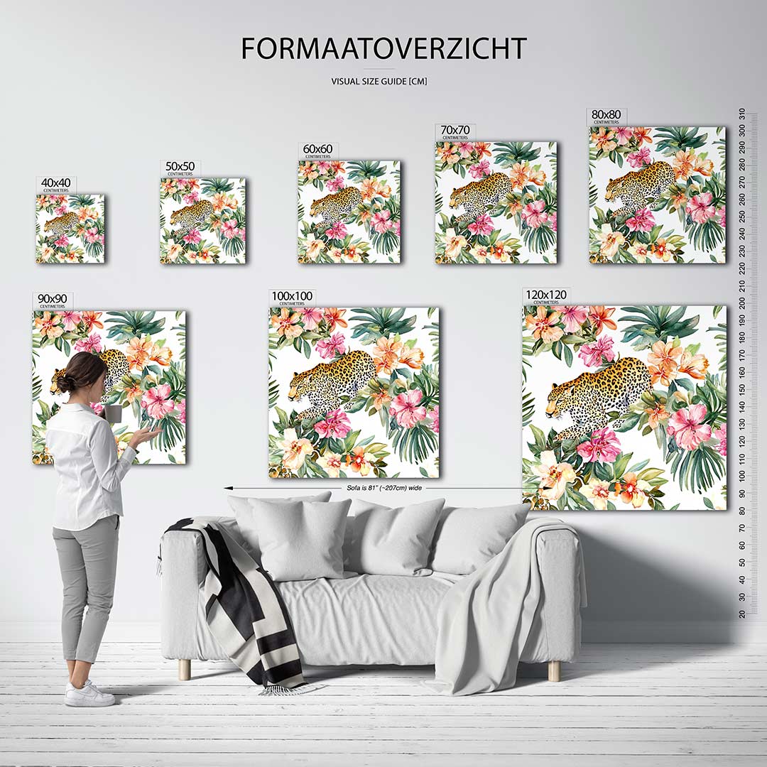 Tropische dierenprint kunstwerk – dit werk toont een levendige compositie van een luipaard omringd door kleurrijke bloemen en