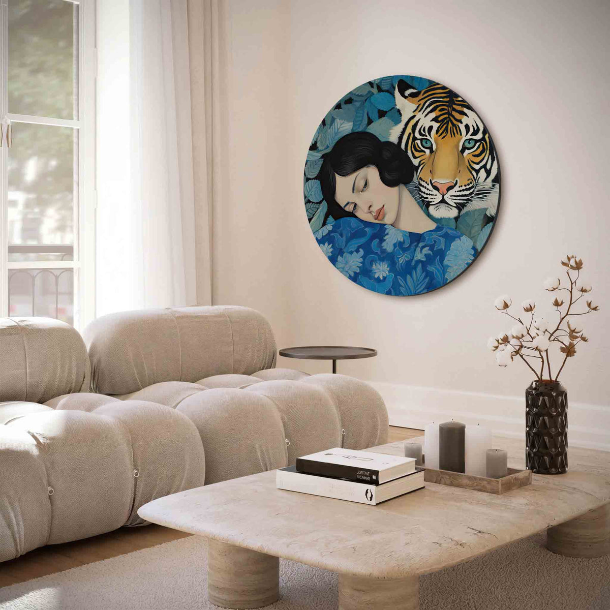 Vrouw en tijger – muurcirkel met abstracte texturen voor aan de muur