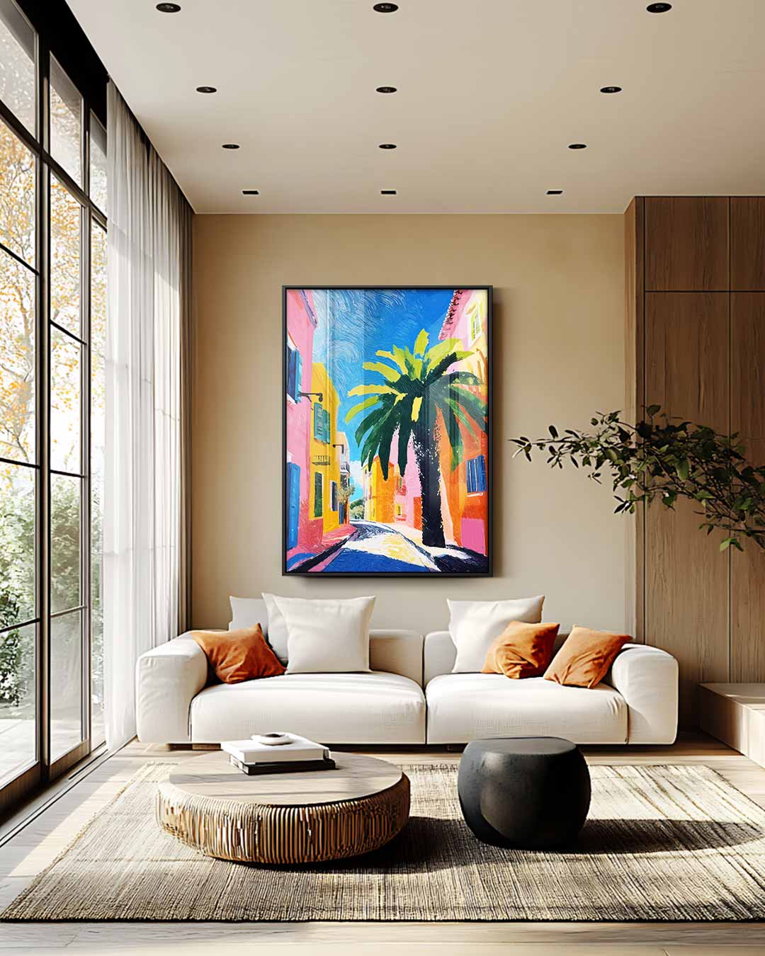 Zomerse Straat met Palmboom – staande wandkunst voor woonkamer of interieur