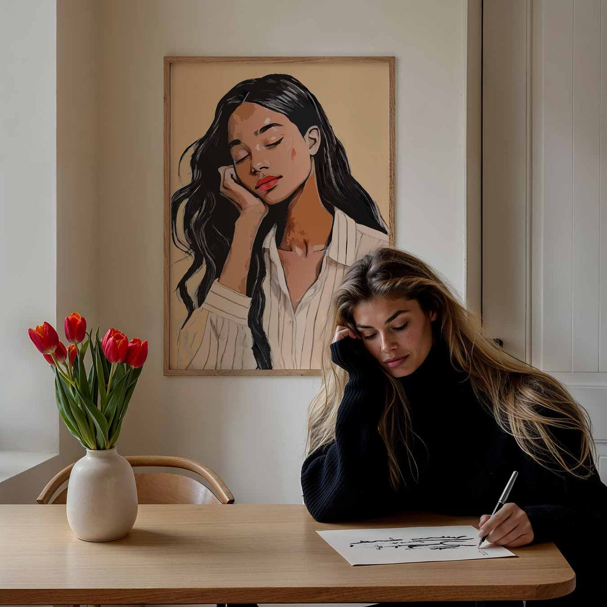 Dromerige Vrouw Portret – staande muurposter met zomerse uitstraling