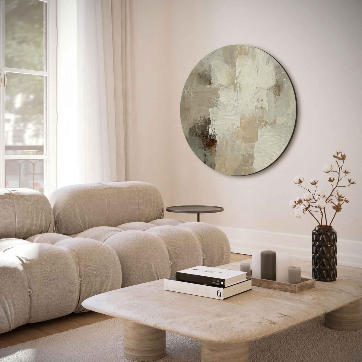 Abstracte beige – muurcirkel met abstracte texturen voor aan de muur