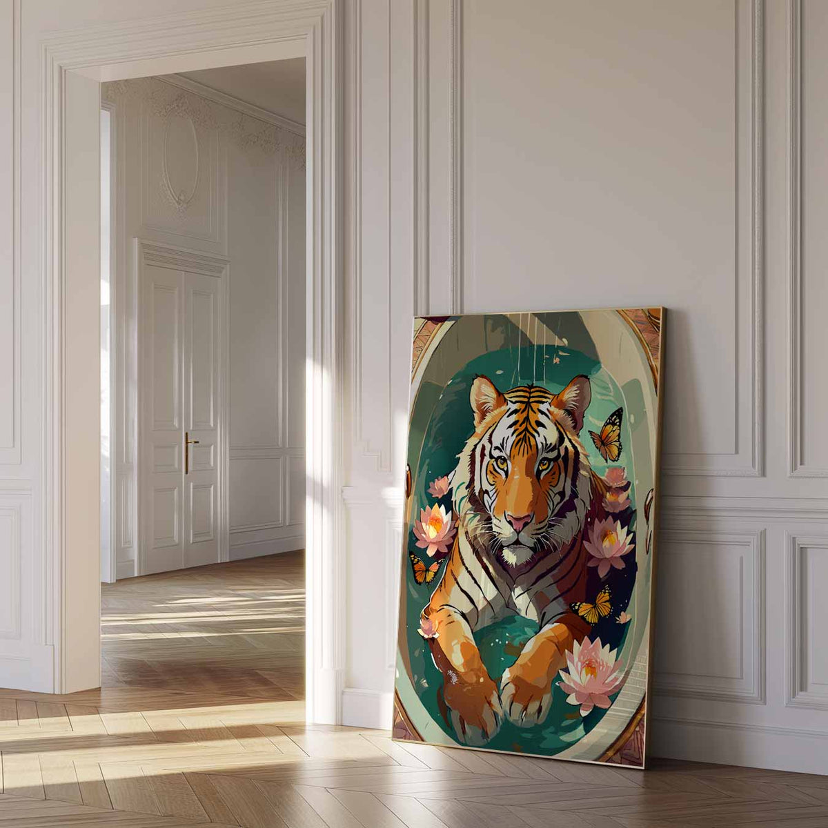Tijger in Lotusvijver – dierenposter als moderne staande wanddecoratie
