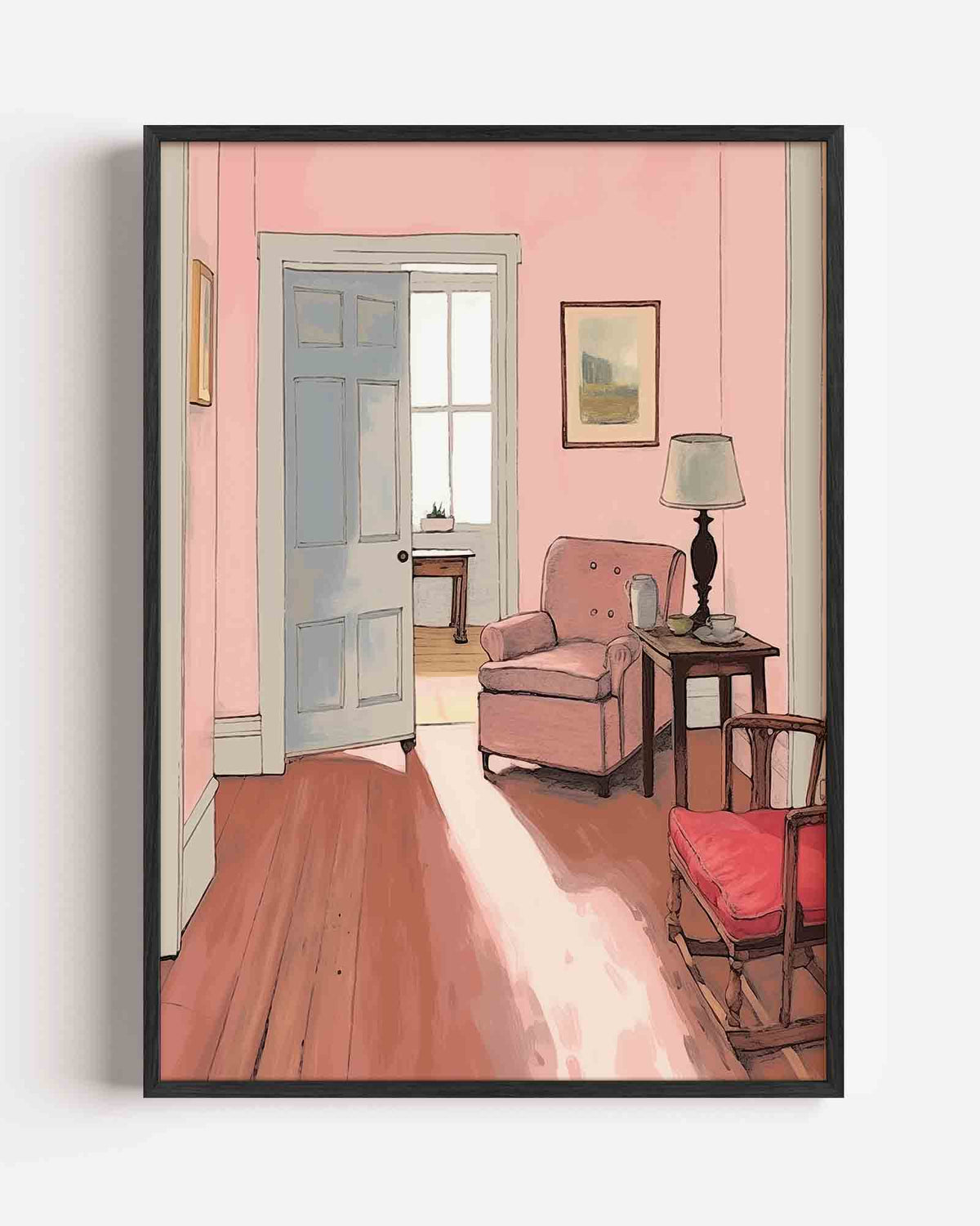 Interieur met roze muren – botanische portret poster als wanddecoratie
