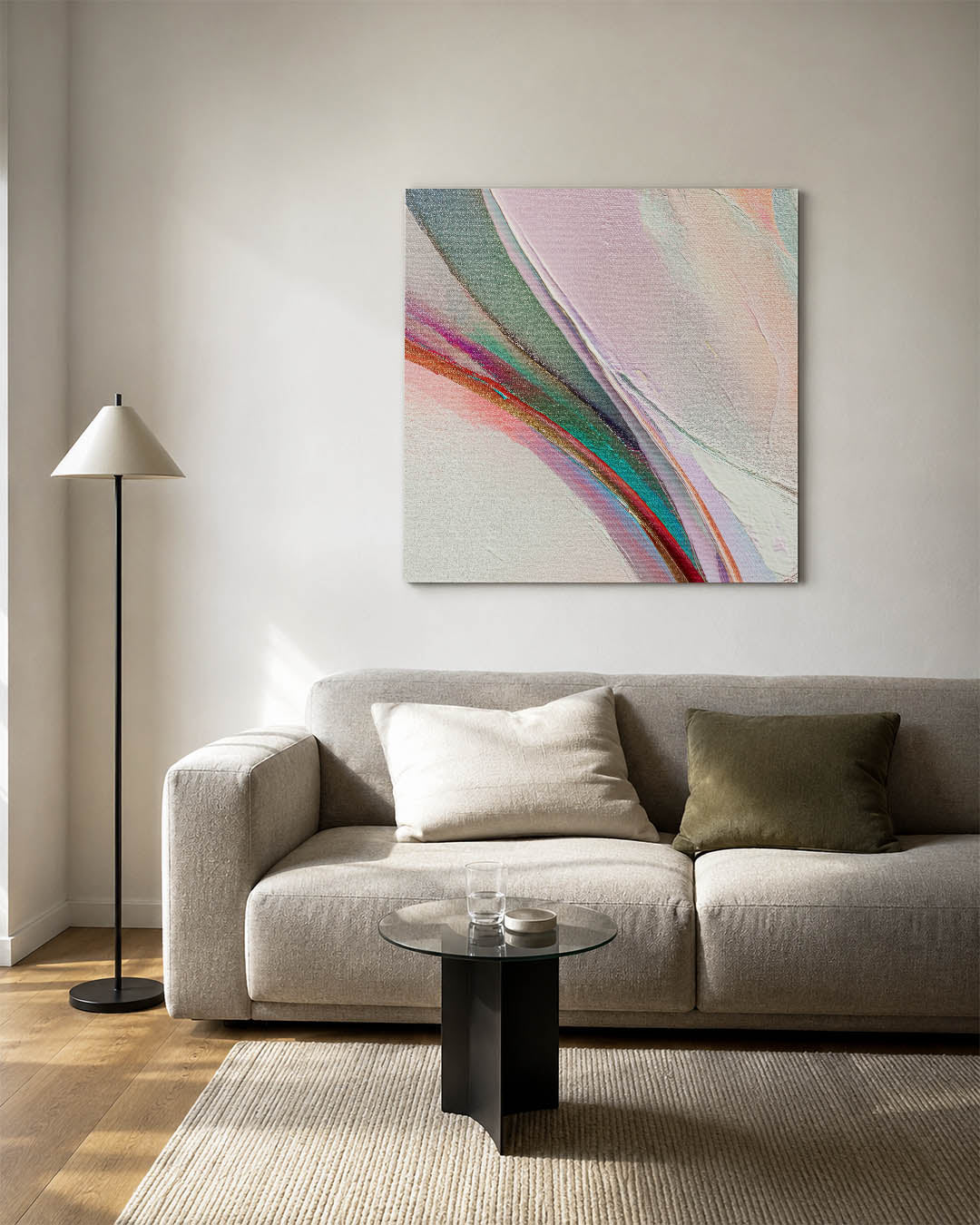 Kleurrijke vormen kunstwerk – vierkante wanddecoratie – dit werk toont vloeiende lijnen en zachte kleuren die harmonieus in