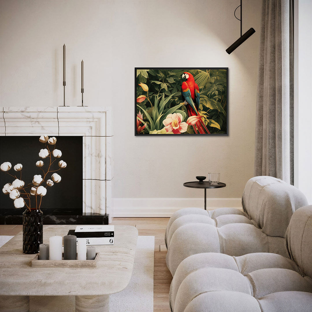 Exotische vogel en bloemen – Jungle kunstwerk – liggende wanddecoratie