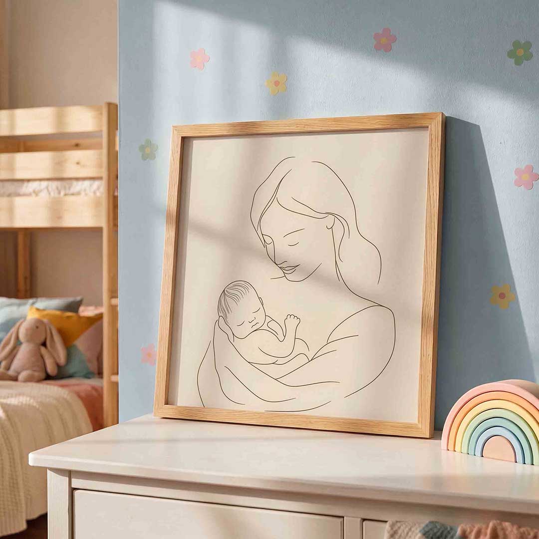 Moeder en kind – speelse wandkunst als vierkante kinderposter