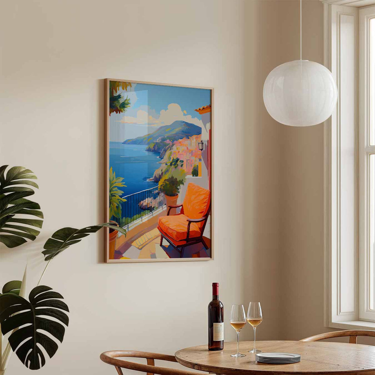 Zonnige Terras aan de Kust – zomerse wandkunst als portret poster
