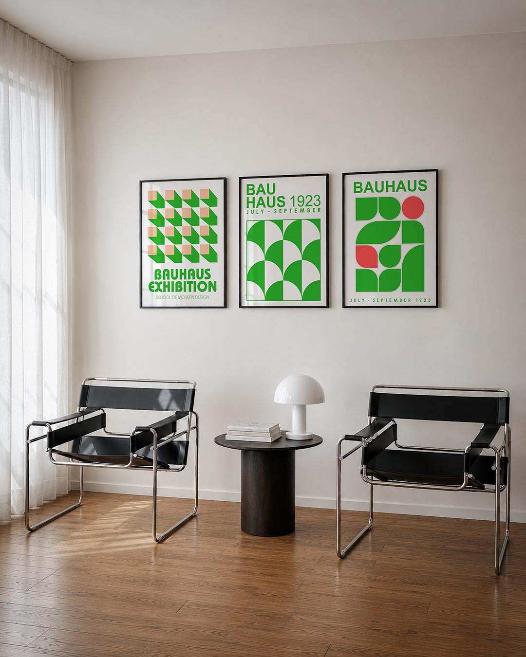 Vorm en schaduw posterset – tweede productweergave – deze posterset in drie delen toont een speels patroon van groene en