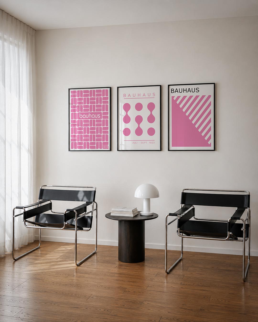 Ritme en kleur posterset – derde productweergave – deze posterset in drie delen toont een speels patroon van roze vormen op