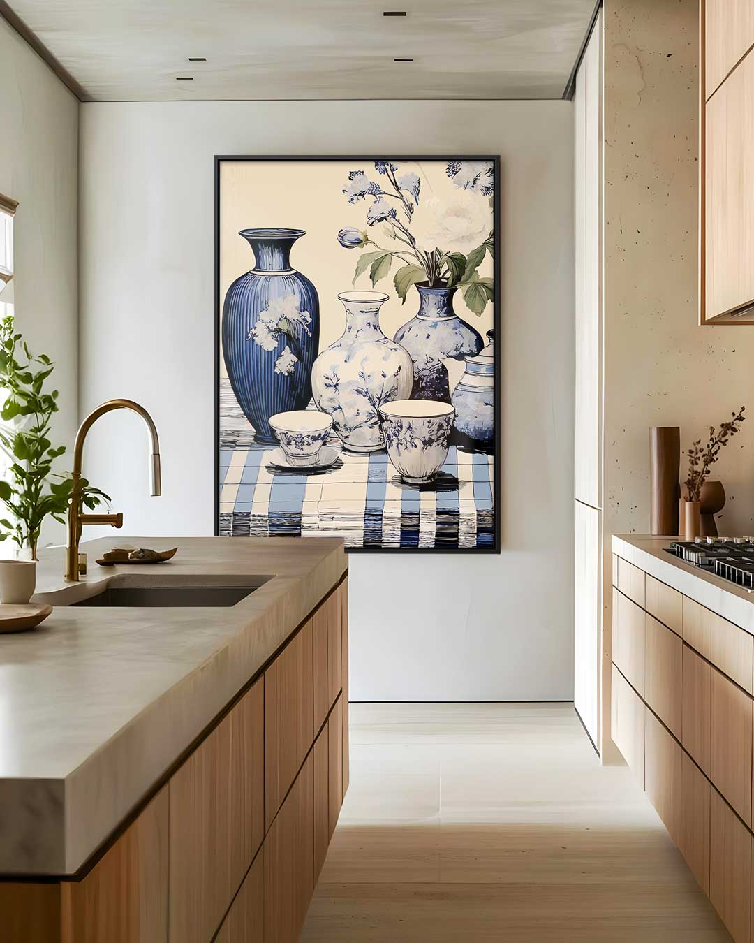 Tijdloze Elegantie in Blauw en Wit – staand kunstwerk voor modern interieur