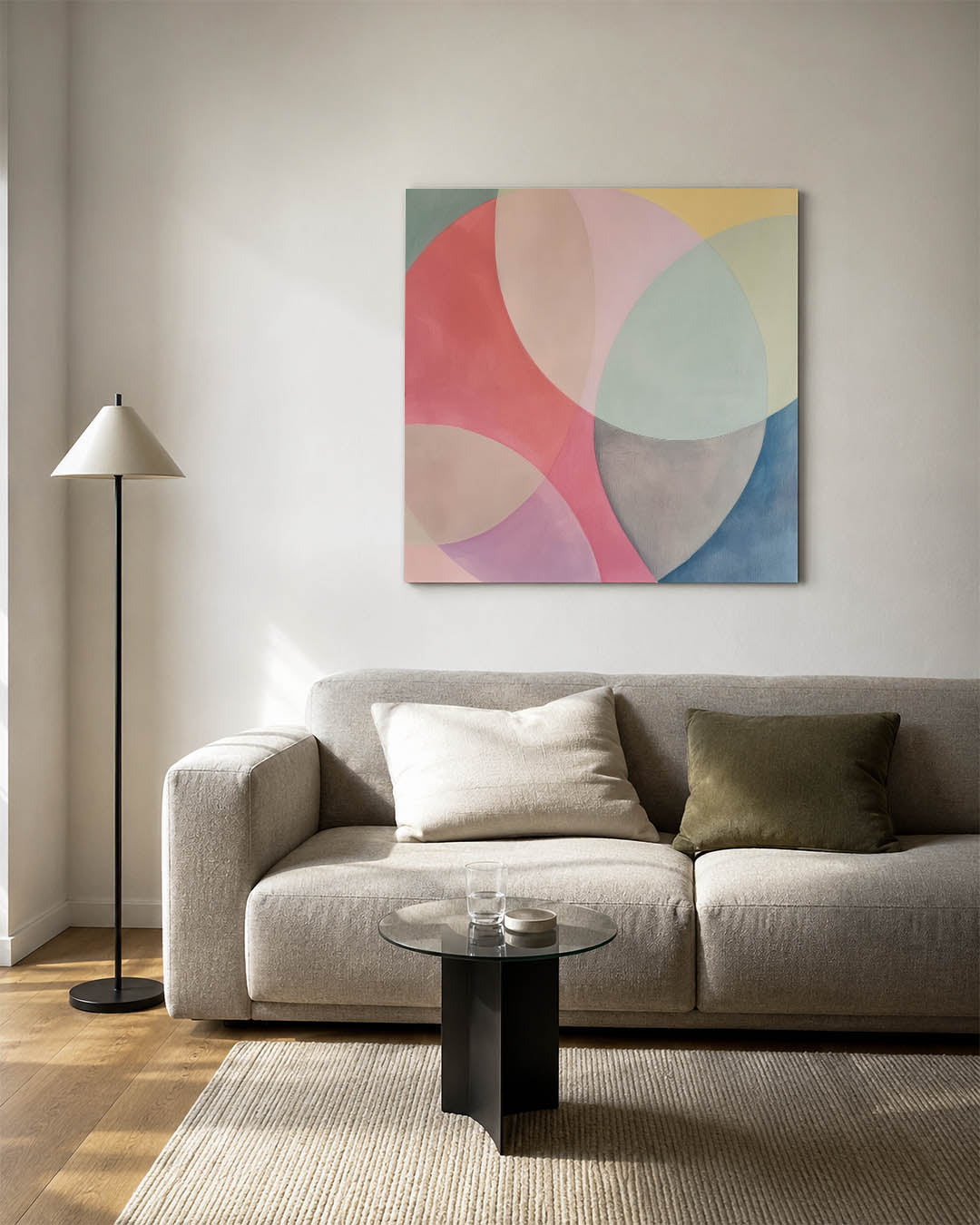 Kleurrijke vormen kunstwerk – vierkante wanddecoratie – dit werk toont overlappende cirkels in zachte tinten, met vloeiende
