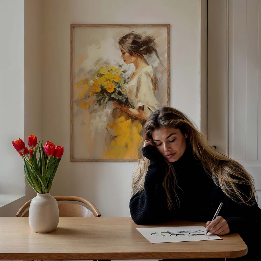Dromerige Bloemenpracht – staande vrouwelijke wanddecoratie van WallArtistic