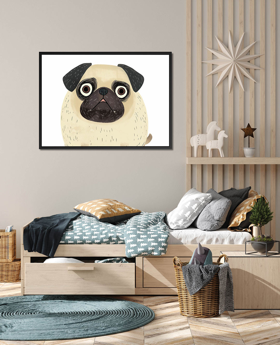 Vrolijke mopshond – wanddecoratie in interieur