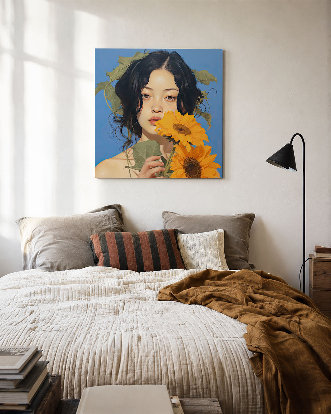 Vrouw met zonnebloemen kunstwerk – detailweergave – dit werk toont een vrouw met donkere haren en zonnebloemen tegen een