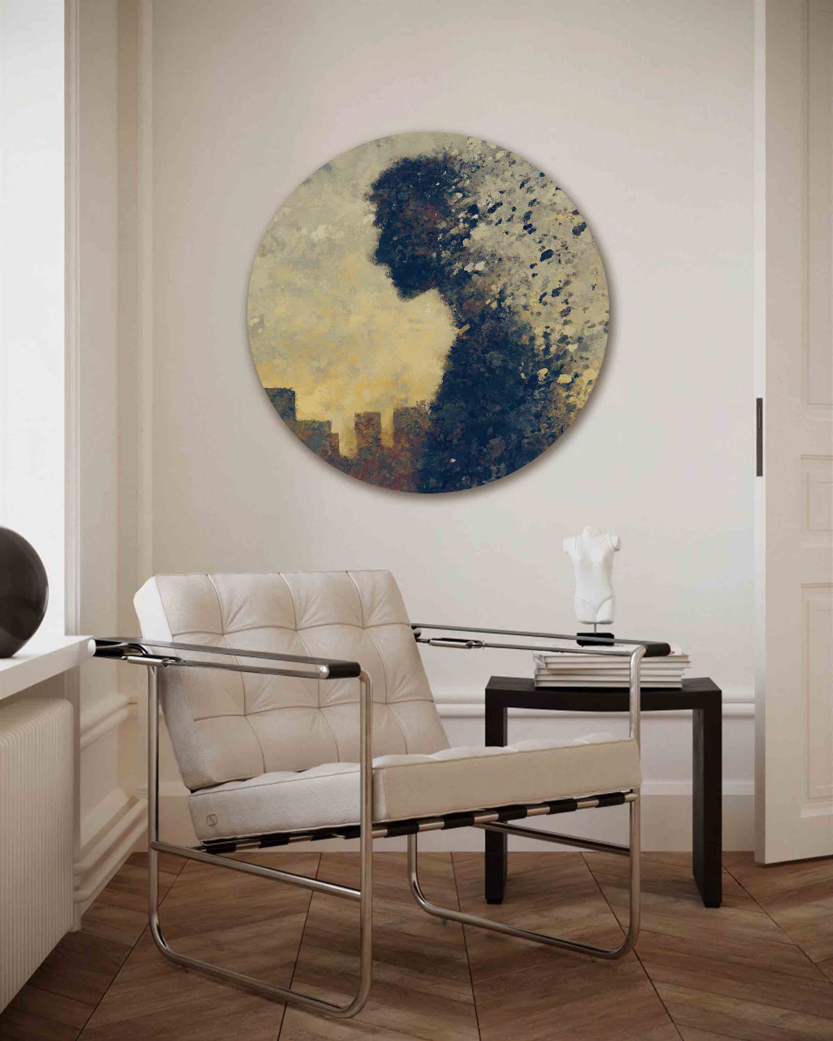 Silhouet met stadsachtergrond – vrouwelijk portret muurcirkel als wanddecoratie