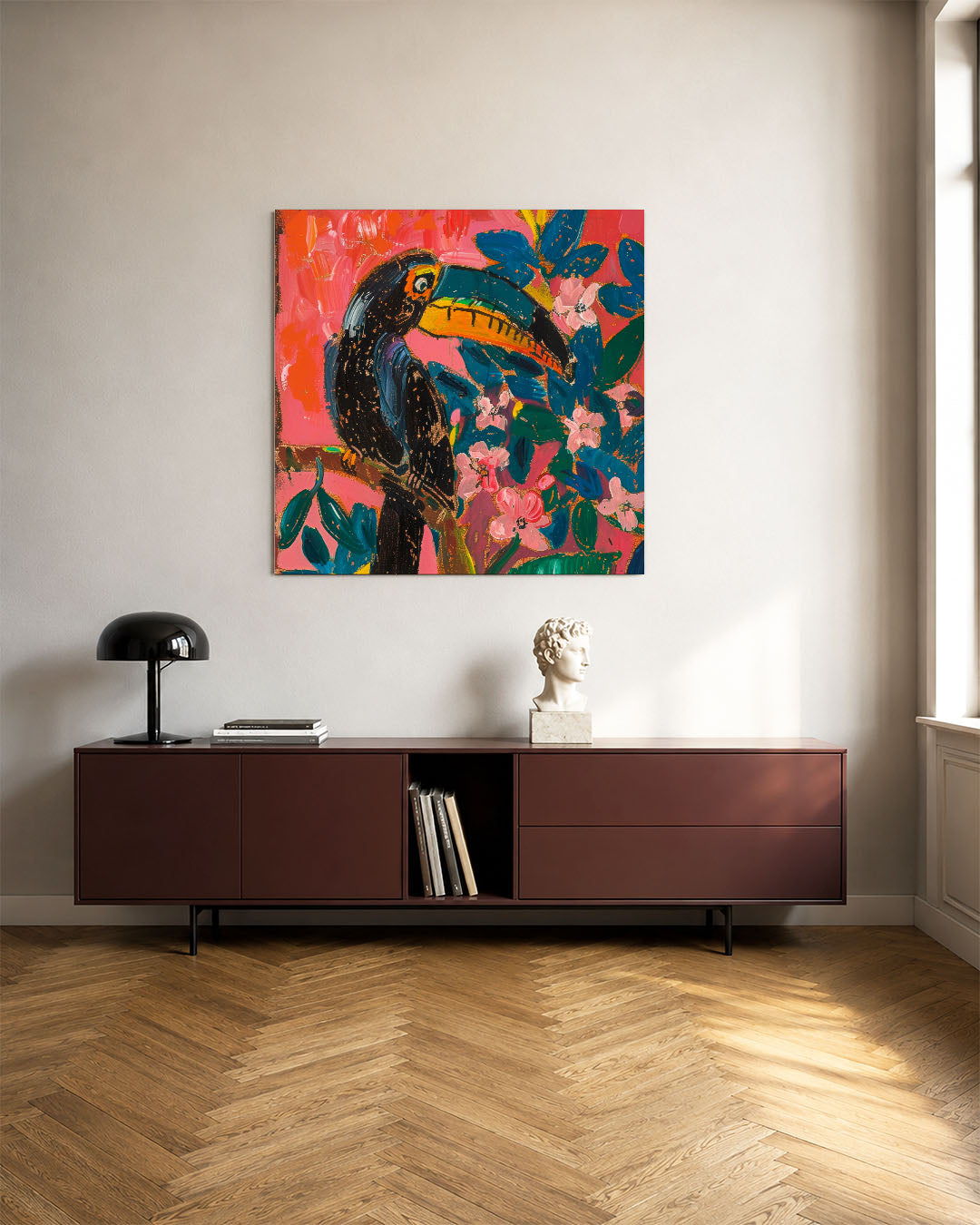 Vrolijke toekan kunstwerk – tweede productweergave – dit kunstwerk toont een kleurrijke toekan omringd door levendige bloemen