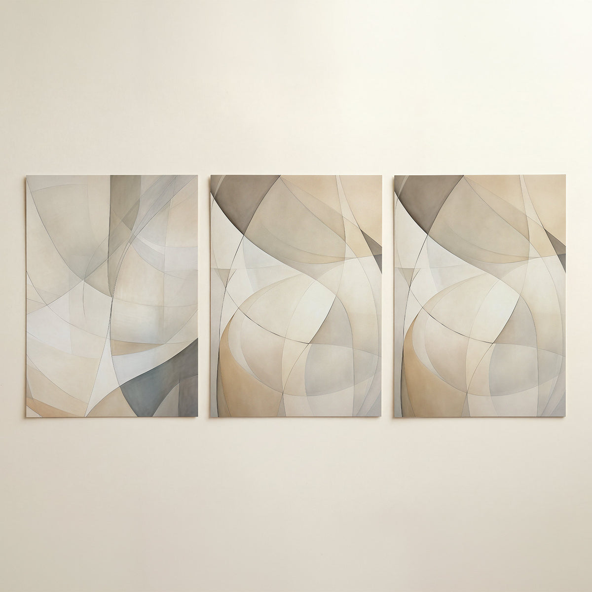 Vloeiende lijnvlakken – driedelige posterset in interieur