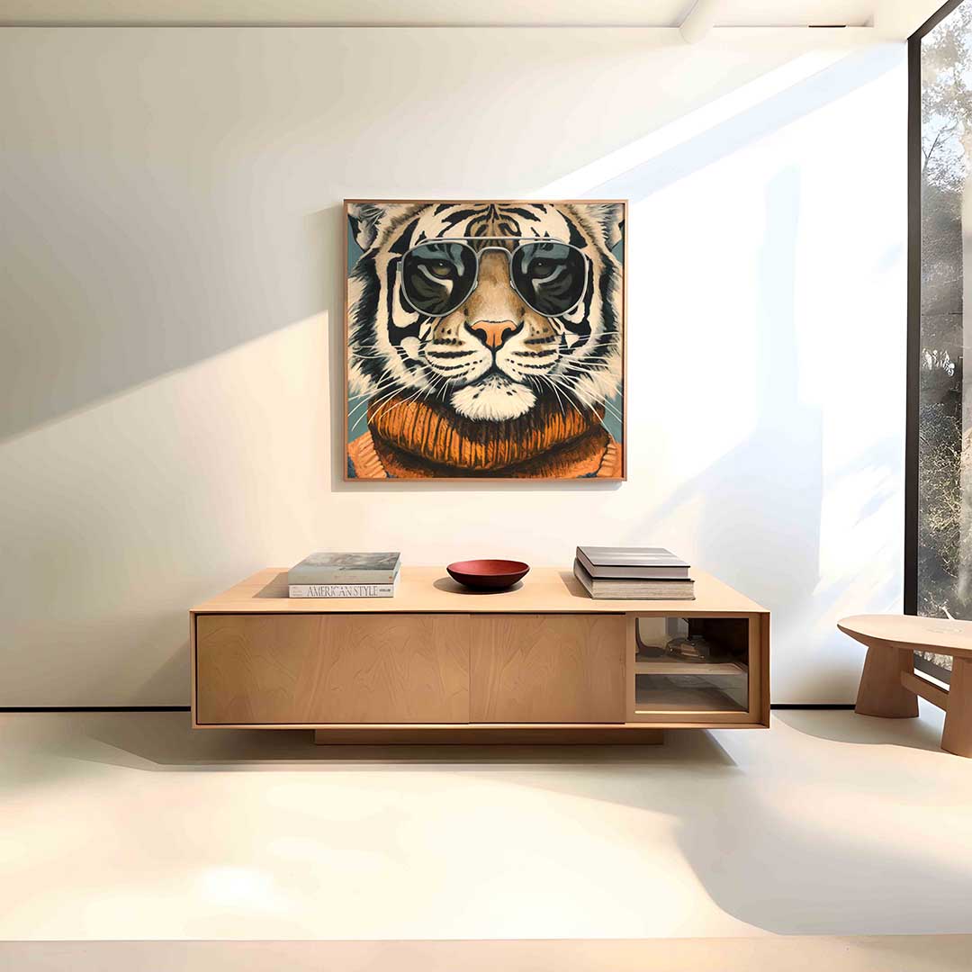 Tijger met zonnebril – vierkante dieren wanddecoratie van WallArtistic