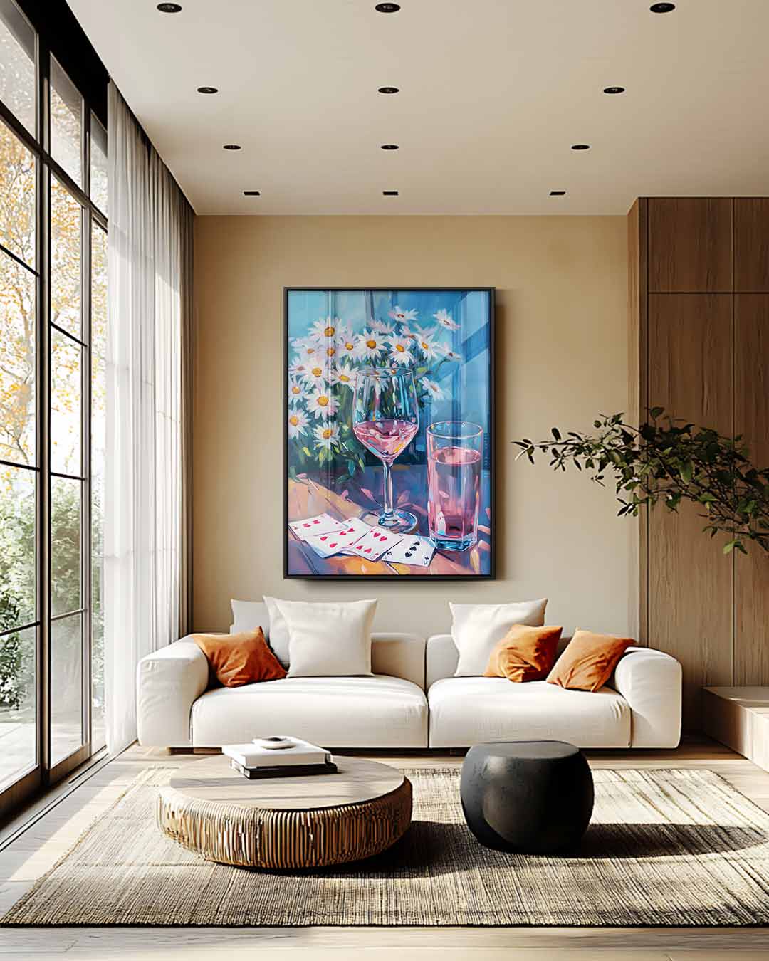 Zomerse Sferen met Glazen en Madeliefjes – plexiglas wanddecoratie in portret formaat