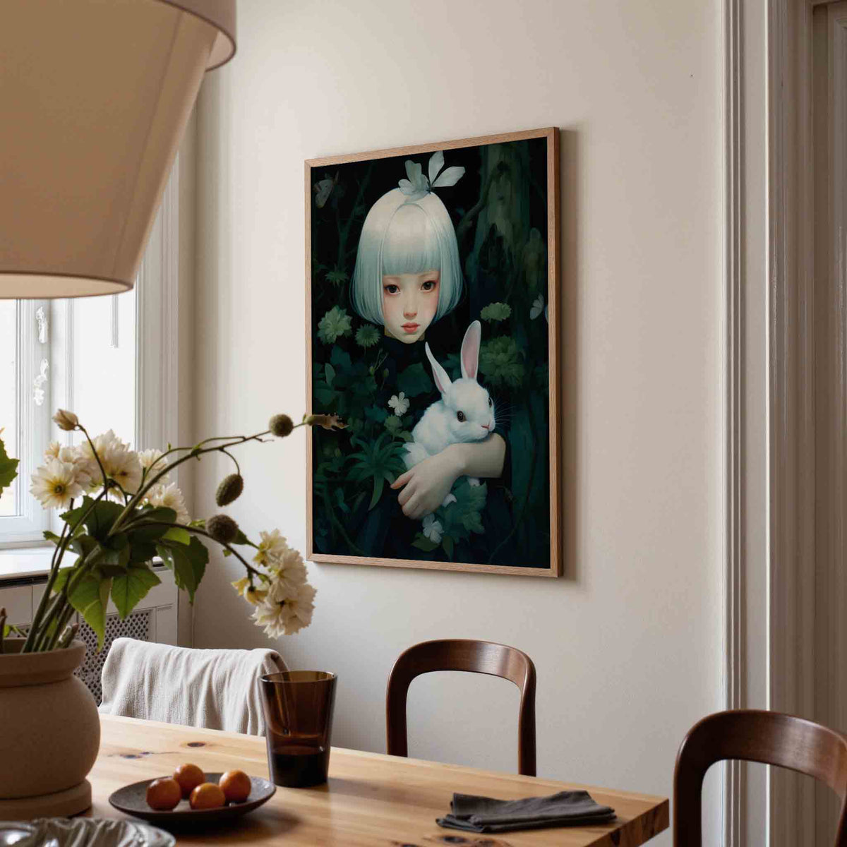 Meisje met konijn – kunst en design poster in portret formaat