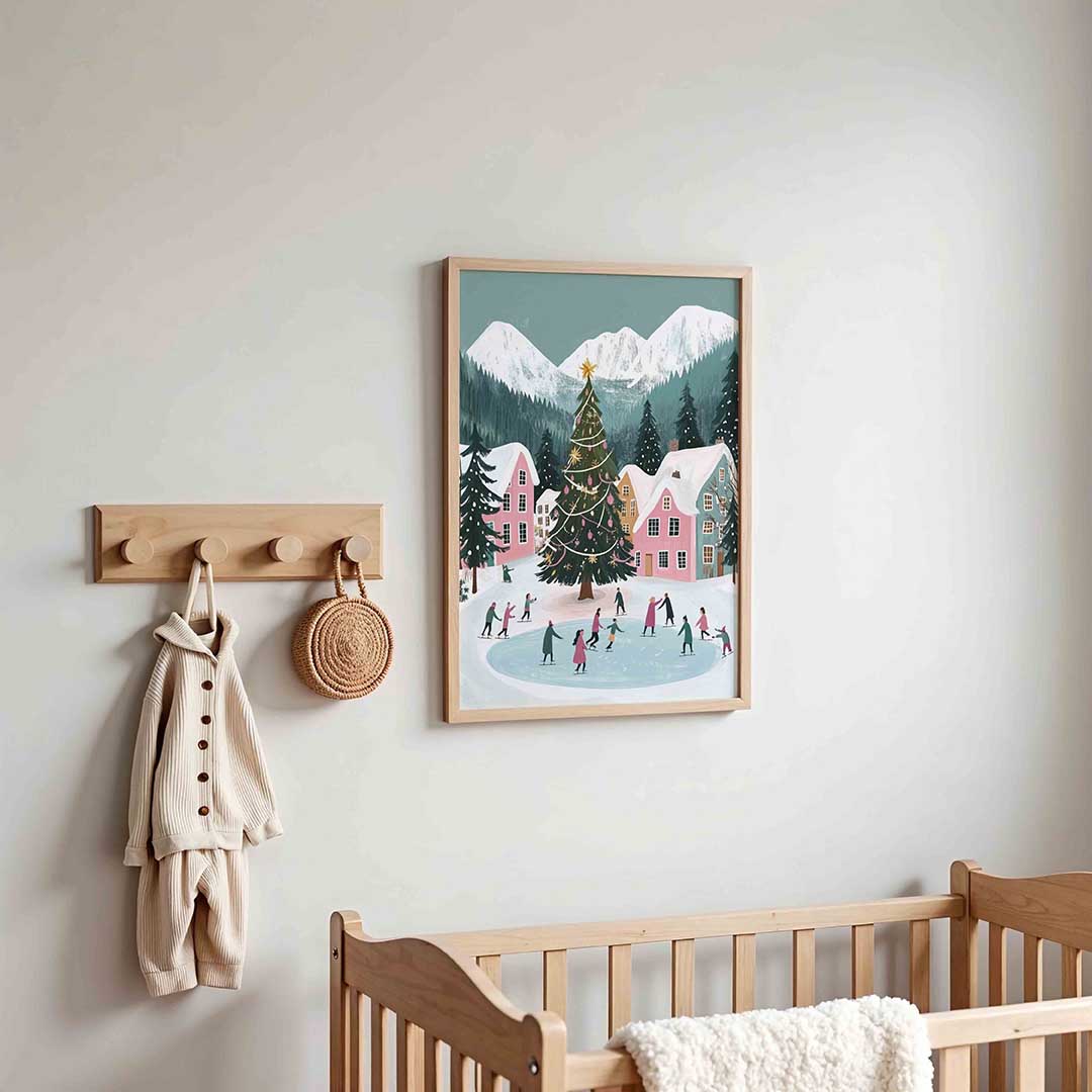 Schaatsende mensen bij kerstboom – kinderposter in staand formaat