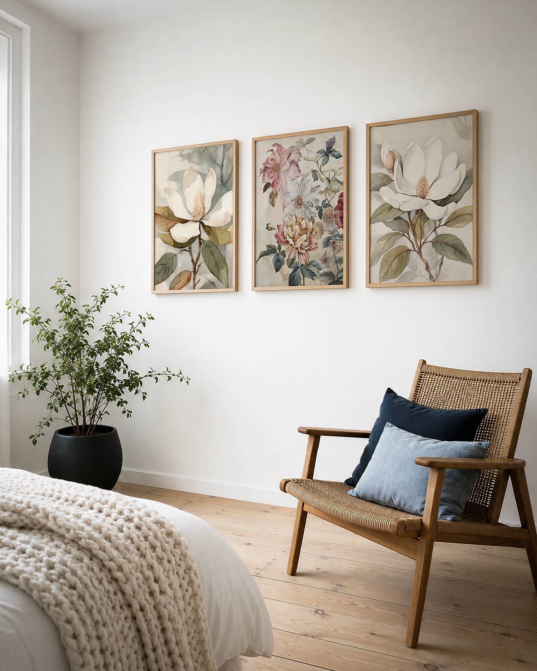 Bloem en bladeren posterset – derde productweergave – een delicate bloem met grote witte bloemblaadjes en zachte,