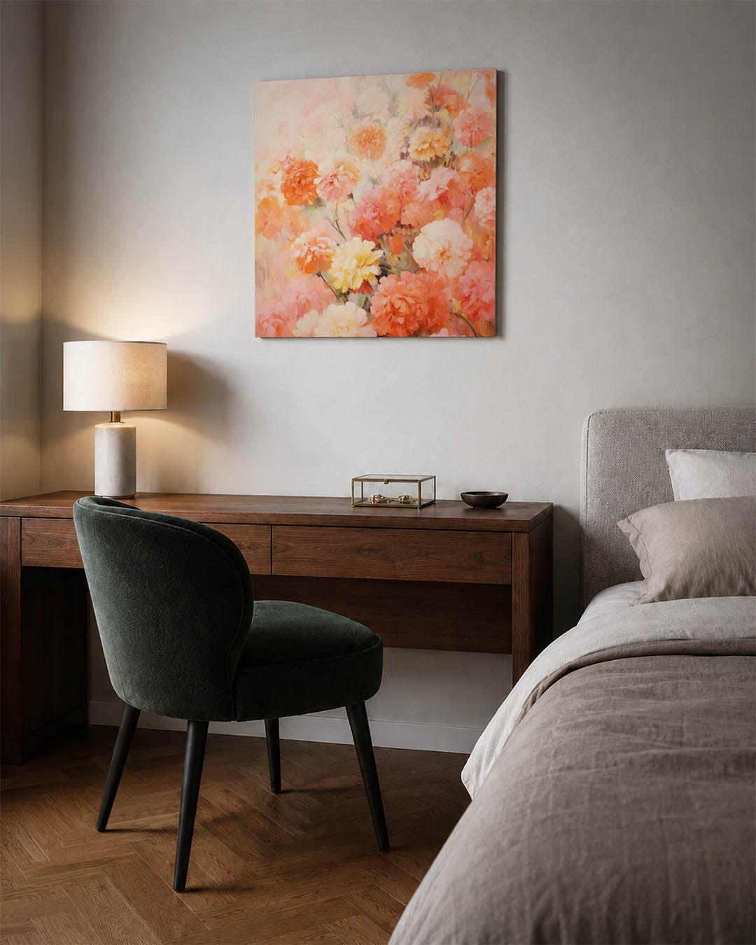 Bloemenexplosie kunstwerk – materiaalweergave – dit werk toont een overvloed aan bloemen in warme tinten. De compositie is