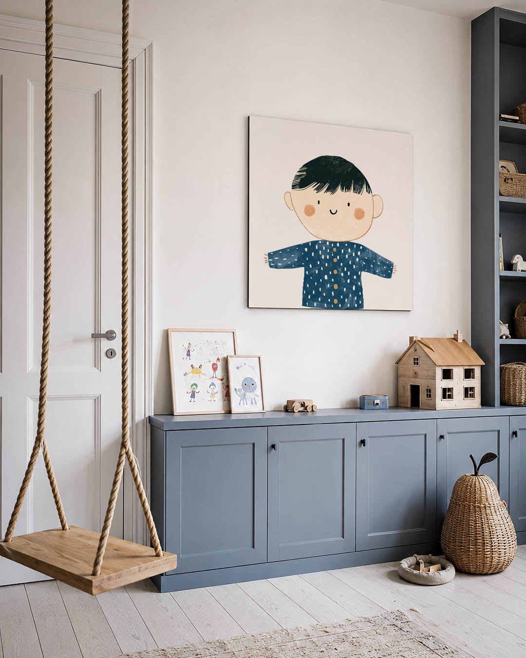 Vrolijk kindportret kunstwerk – vierkante wanddecoratie – dit kunstwerk toont een vrolijk kind met een blauwe trui vol witte