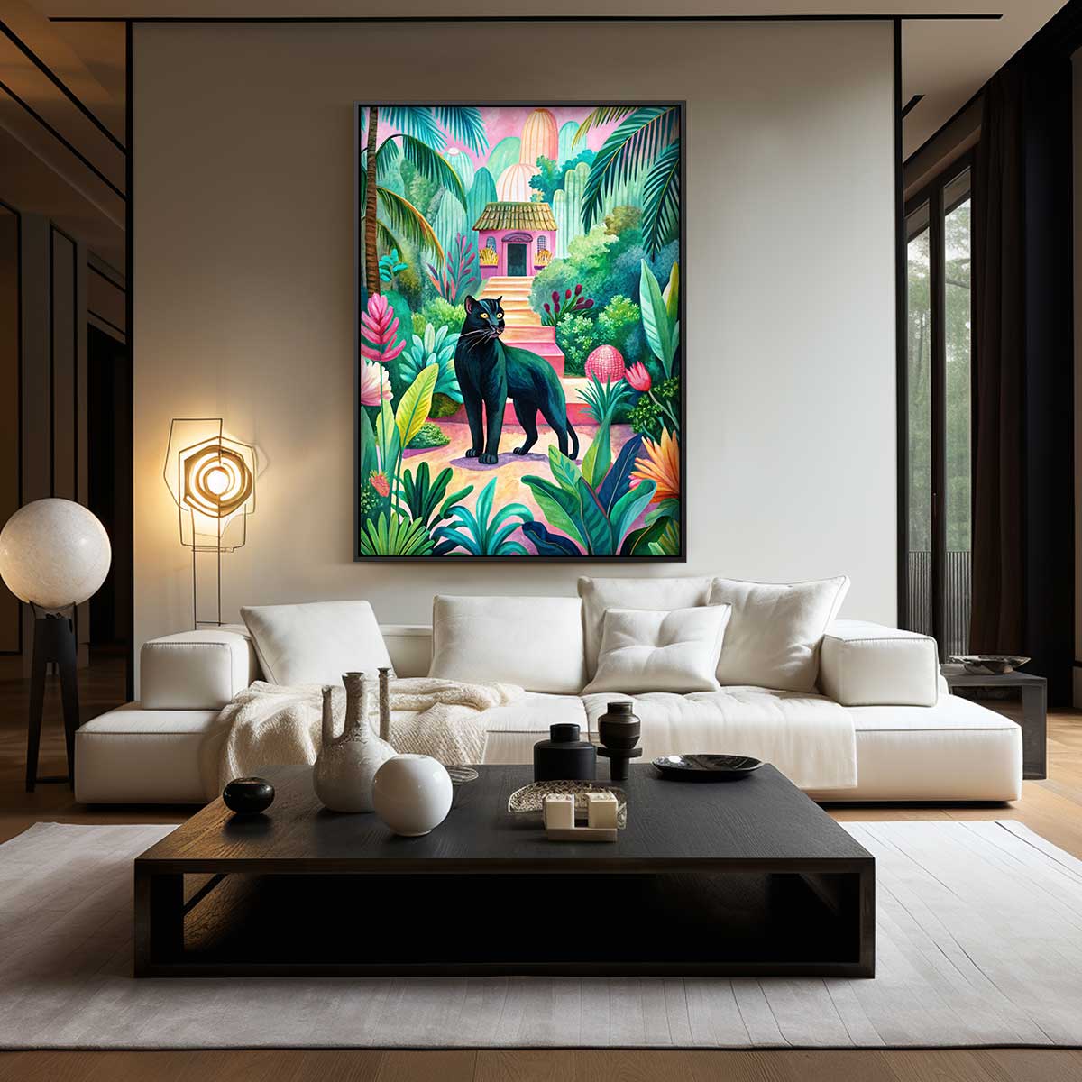 Tropische Paradijstuin met Zwarte Panter – kunstwerk met zwarte baklijst