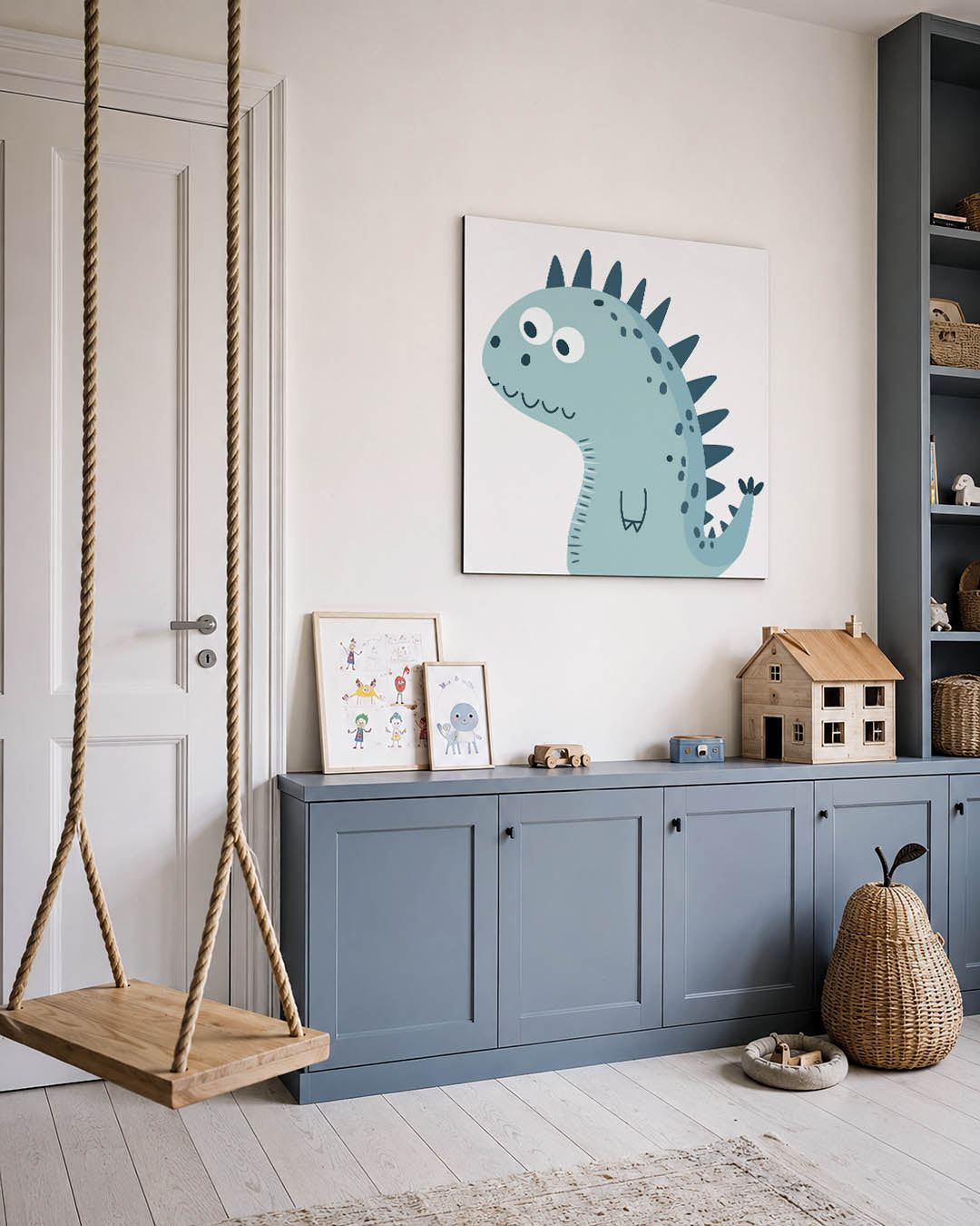 Speelse dino illustratie kunstwerk – vierkante wanddecoratie – dit kunstwerk toont een speelse dinosaurus met grote ogen en