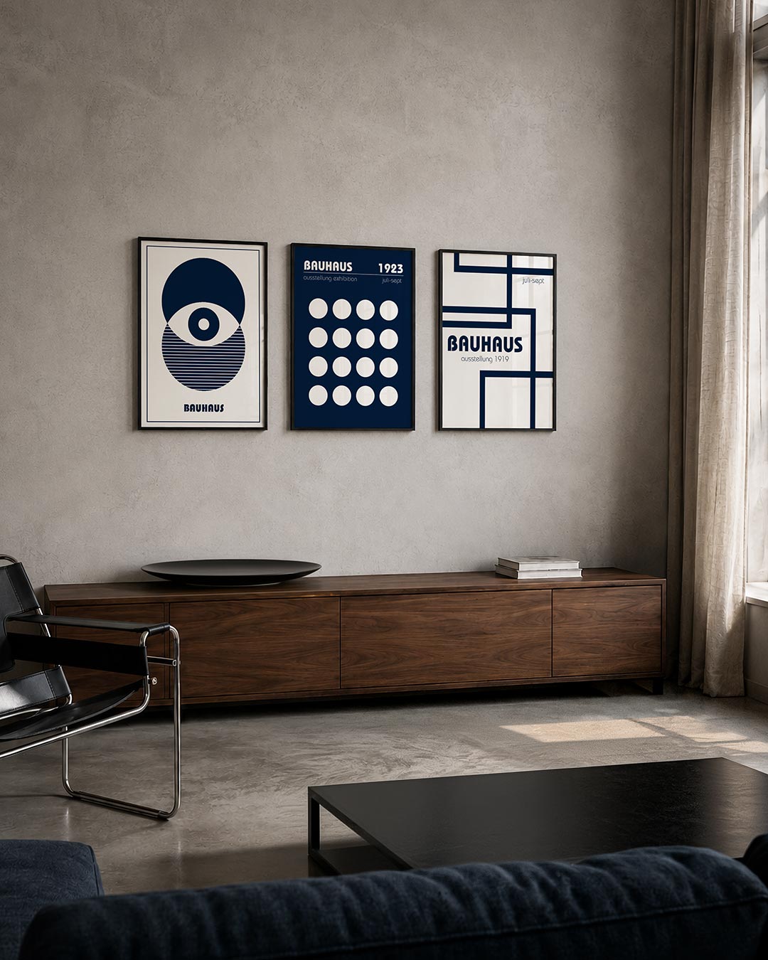 Cirkel en lijnen posterset – tweede productweergave – donkerblauwe cirkels en lijnen vormen een intrigerend patroon op een