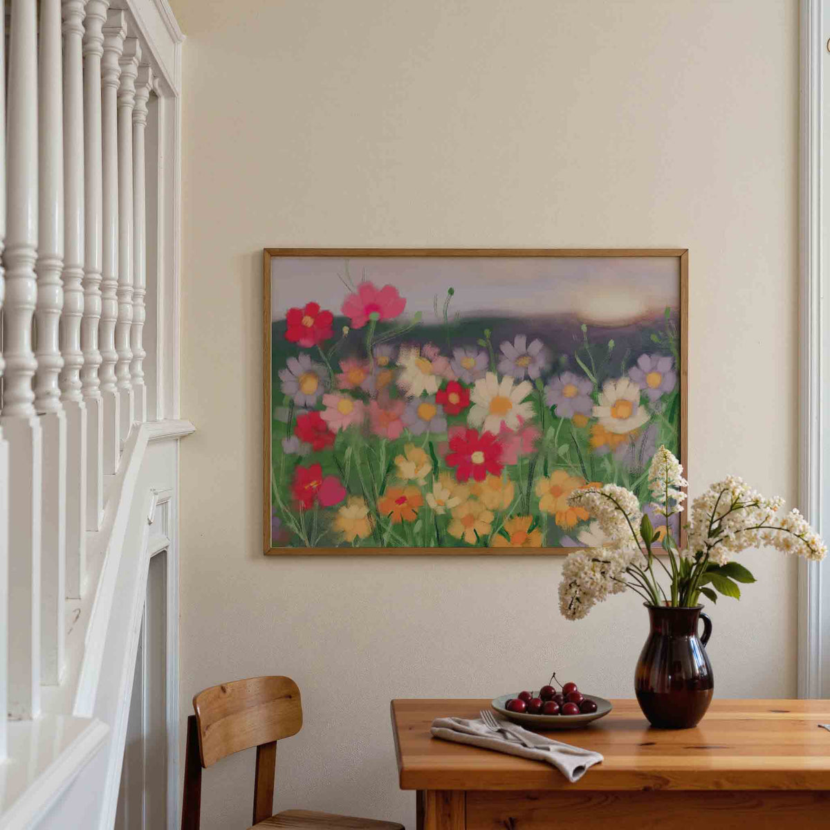 Bloemenveld bij zonsondergang – botanische poster in liggend formaat